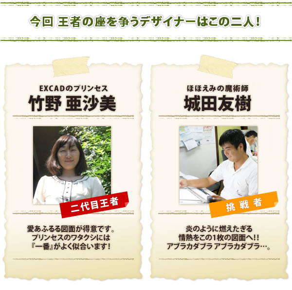 今回 王者の座を争うデザイナーはこの二人！【二代目王者：EXCADのプリンセス　竹野 亜沙美】VS【挑戦者：ほほえみの魔術師　城田 友樹】